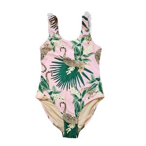 Shade Critters Kids Pink Tropical Leopard Print One-Piece Swimsuit Fringe 14